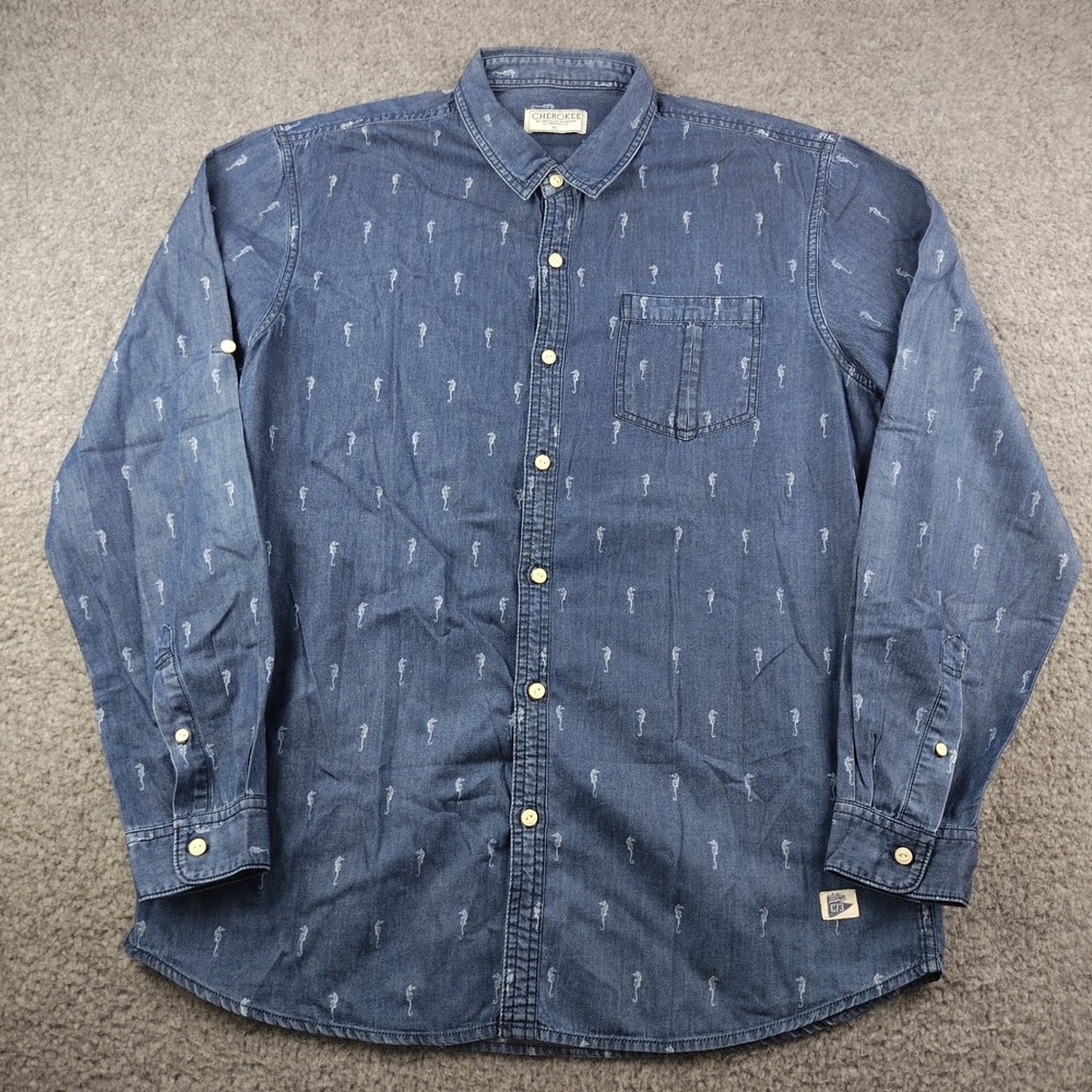 Cherokee Cotton Button Up Shirt Mens XL Seahorse Print Blue Long Sleeve EUC